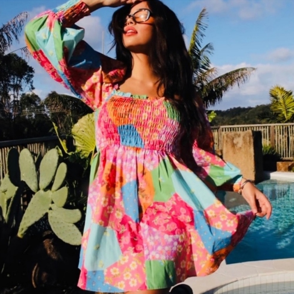 Spell Multicolor Patchwork Floral Smocked Mini Dress